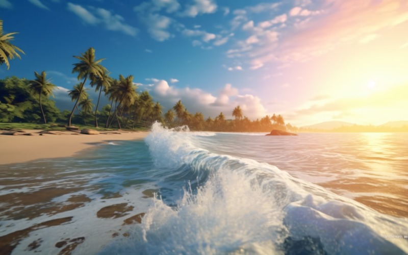 Beach scene waves surf with blue ocean sea island 050 Illustration