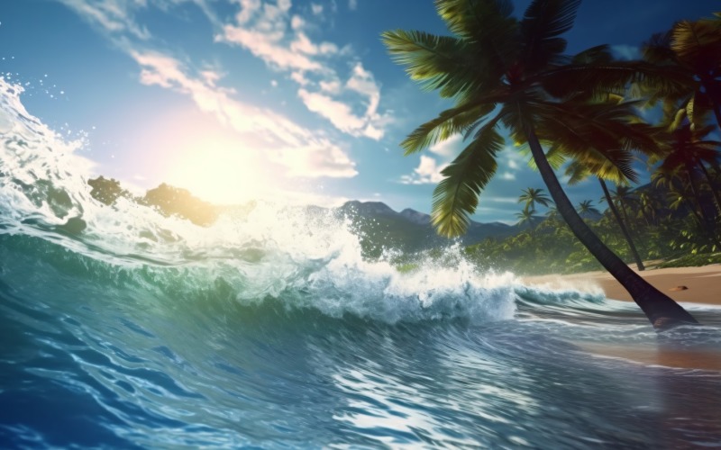 Beach scene waves surf with blue ocean sea island 052 Illustration