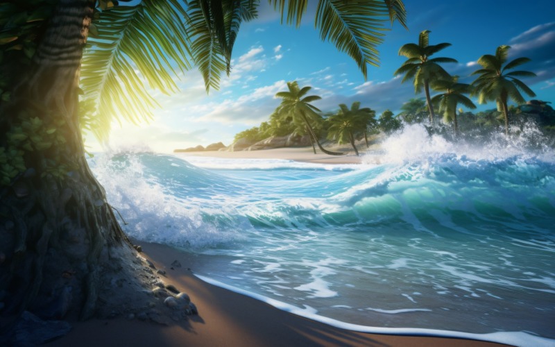 Beach scene waves surf with blue ocean sea island 0556 Illustration