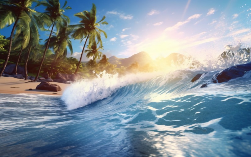 Beach scene waves surf with blue ocean sea island 058 Illustration