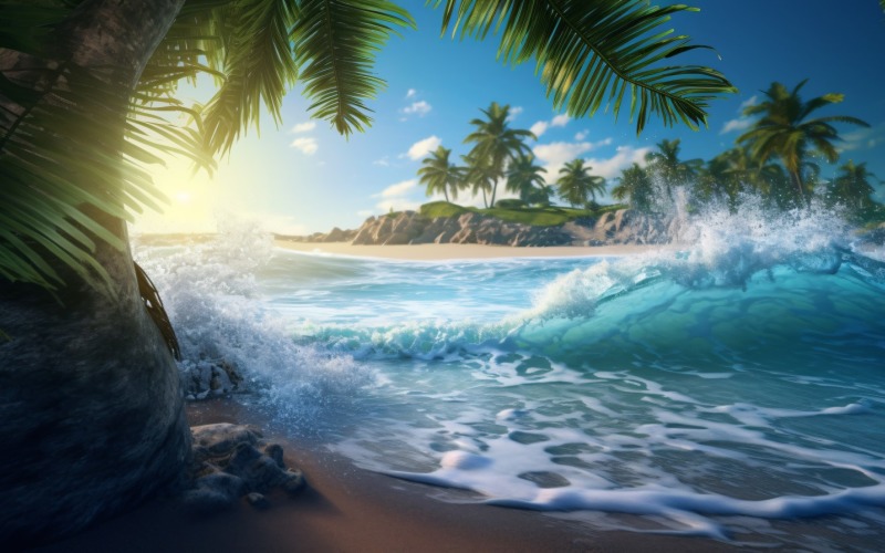 Beach scene waves surf with blue ocean sea island 062 Illustration