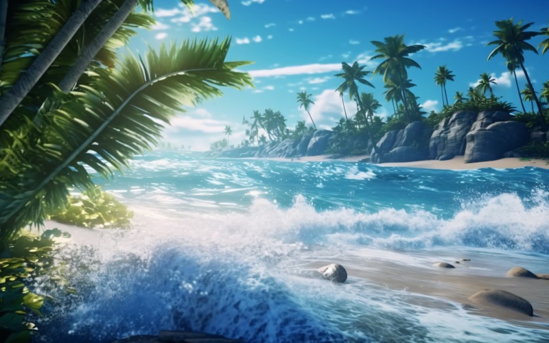 Beach scene waves surf with blue ocean sea island Illustration