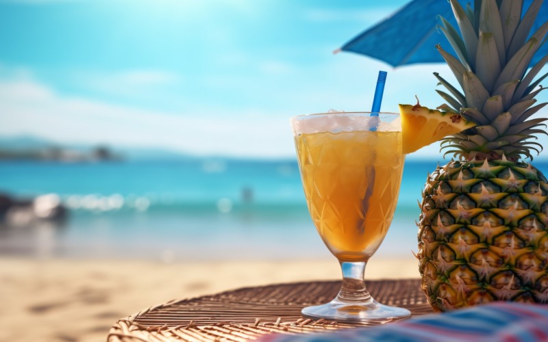 pineapple drink in cocktail glass and sand beach scene 114 Illustration