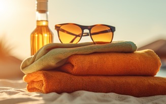 Stack of towels, sunglasses and tanning oil bottle 094