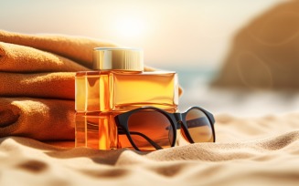 Stack of towels, sunglasses and tanning oil bottle 095