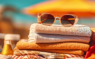 Stack of towels, sunglasses and tanning oil bottle 103