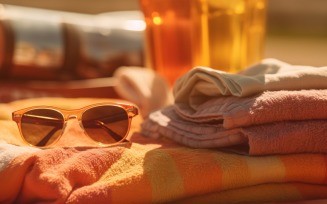 Stack of towels, sunglasses and tanning oil bottle 104