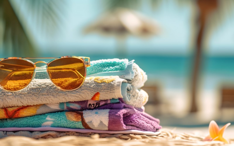 Stack of towels, sunglasses and tanning oil bottle 105 Illustration