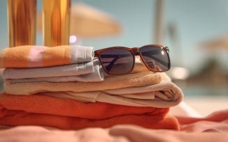 Stack of towels, sunglasses and tanning oil bottle 106