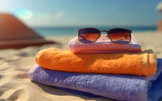 Stack of towels, sunglasses and tanning oil bottle 108