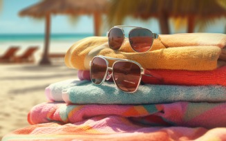 Stack of towels, sunglasses and tanning oil bottle 10
