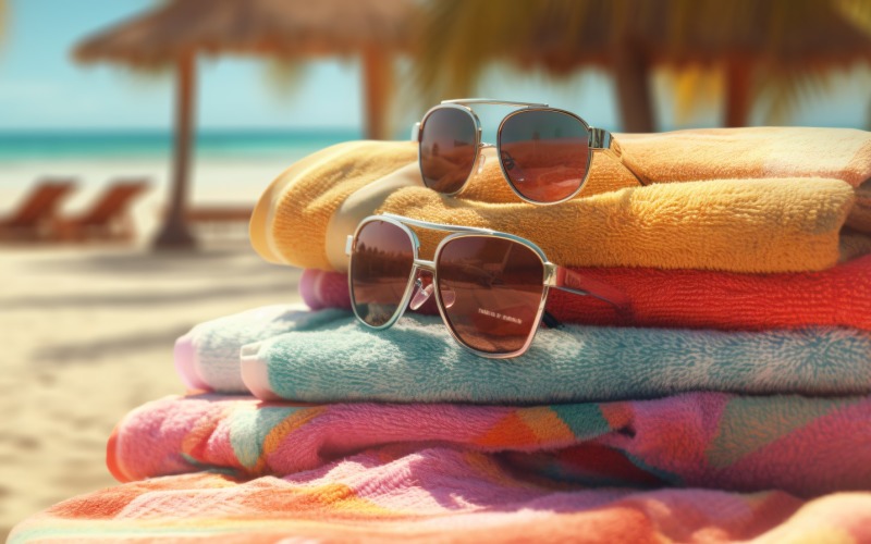 Stack of towels, sunglasses and tanning oil bottle 10 Illustration