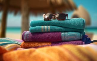 Stack of towels, sunglasses and tanning oil bottle 110