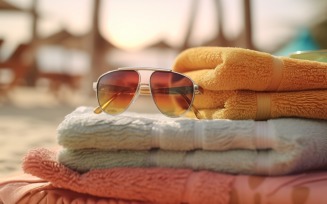 Stack of towels, sunglasses and tanning oil bottle 112
