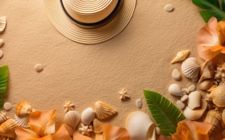 beach accessories hat sunglasses seashells and monstera leaf 145