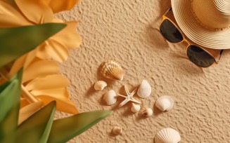beach accessories hat sunglasses seashells and monstera leaf 146