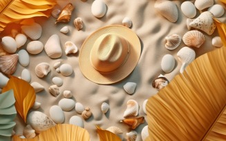 beach accessories hat sunglasses seashells and monstera leaf 147