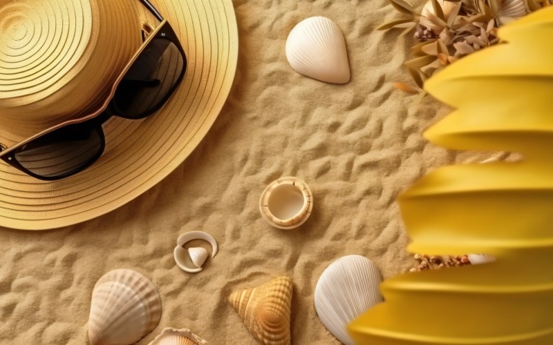 beach accessories hat sunglasses seashells and monstera leaf 148 Illustration