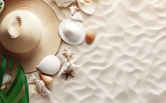 beach accessories hat sunglasses seashells and monstera leaf 149
