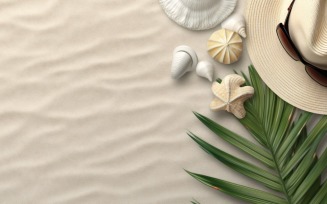 beach accessories hat sunglasses seashells and monstera leaf 150