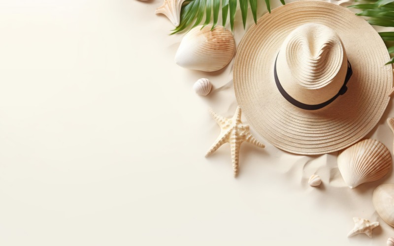 beach accessories hat sunglasses seashells and monstera leaf 151 Illustration