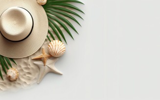 beach accessories hat sunglasses seashells and monstera leaf 152