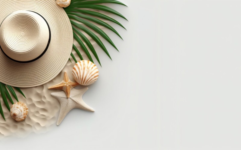 beach accessories hat sunglasses seashells and monstera leaf 152 Illustration