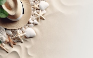 beach accessories hat sunglasses seashells and monstera leaf 153