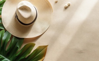 beach accessories hat sunglasses seashells and monstera leaf 155