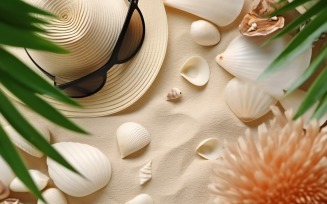 beach accessories hat sunglasses seashells and monstera leaf 156