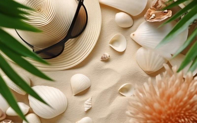 beach accessories hat sunglasses seashells and monstera leaf 156 Illustration