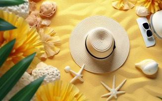 beach accessories hat sunglasses seashells and monstera leaf 157