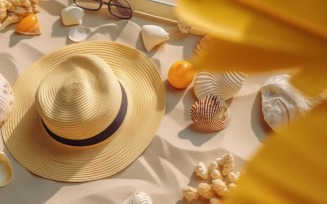 beach accessories hat sunglasses seashells and monstera leaf 159