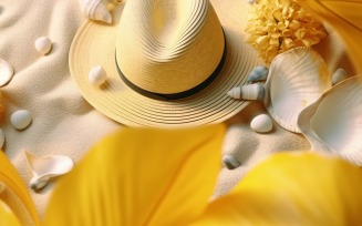 beach accessories hat sunglasses seashells and monstera leaf 160