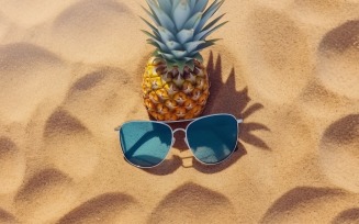 beach accessories hat sunglasses seashells and monstera leaf 161
