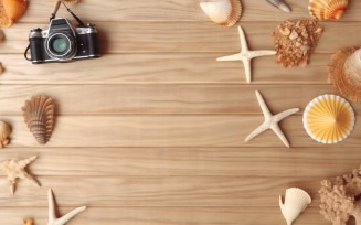Beach accessories starfish and seashell on wooden background 209