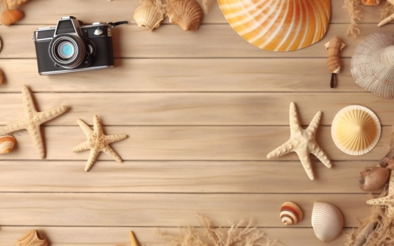 Beach accessories starfish and seashell on wooden background 210 Illustration