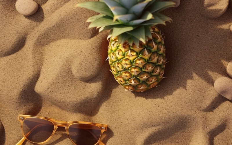Halved pineapple and a sunglass kept on the sand 165 Illustration