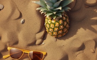 Halved pineapple and a sunglass kept on the sand 169