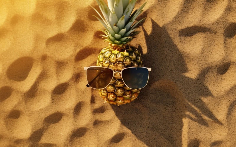 Halved pineapple and a sunglass kept on the sand 170 Illustration