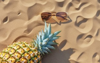 Halved pineapple and a sunglass kept on the sand 178