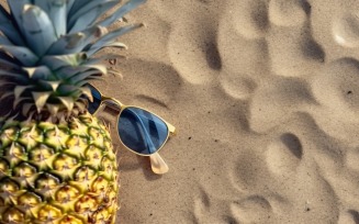 Halved pineapple and a sunglass kept on the sand 179