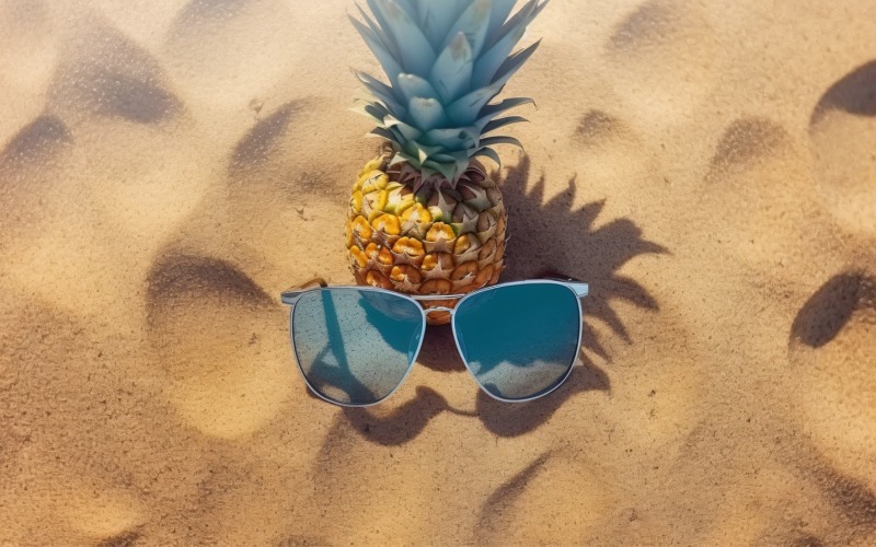 Halved pineapple and a sunglass kept on the sand 182 Illustration