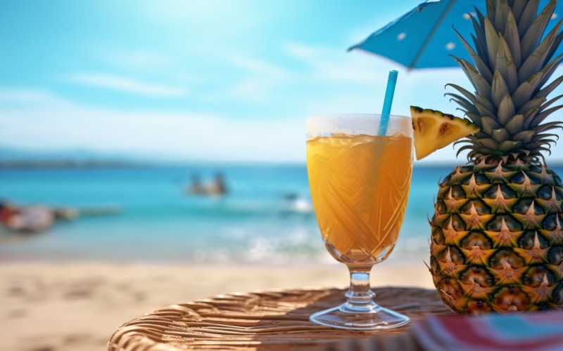 pineapple drink in cocktail glass and sand beach scene 116 Illustration