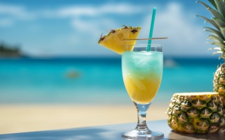 pineapple drink in cocktail glass and sand beach scene 121