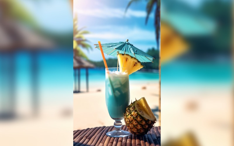 pineapple drink in cocktail glass and sand beach scene 124 Illustration