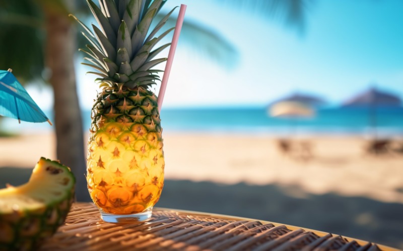 pineapple drink in cocktail glass and sand beach scene 128 Illustration