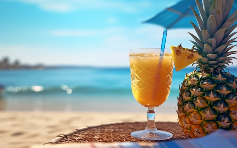 pineapple drink in cocktail glass and sand beach scene 130 Illustration