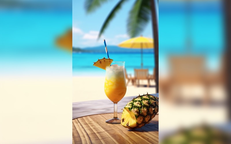 pineapple drink in cocktail glass and sand beach scene 131 Illustration