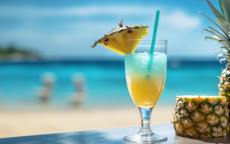 pineapple drink in cocktail glass and sand beach scene 132 Illustration